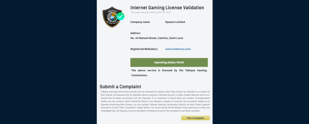 licence mister caz